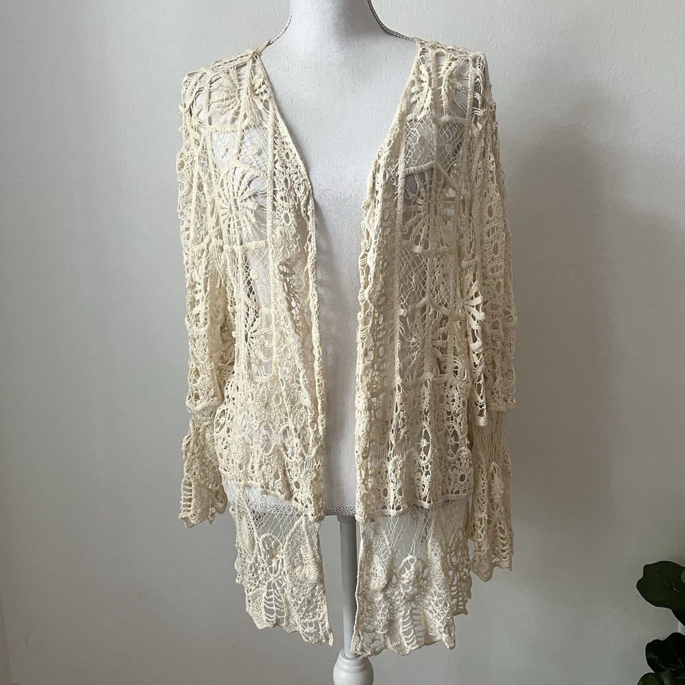 Crochet cardigan short kimono cream sunburst pattern *FLAW* hippie tiered sleeve